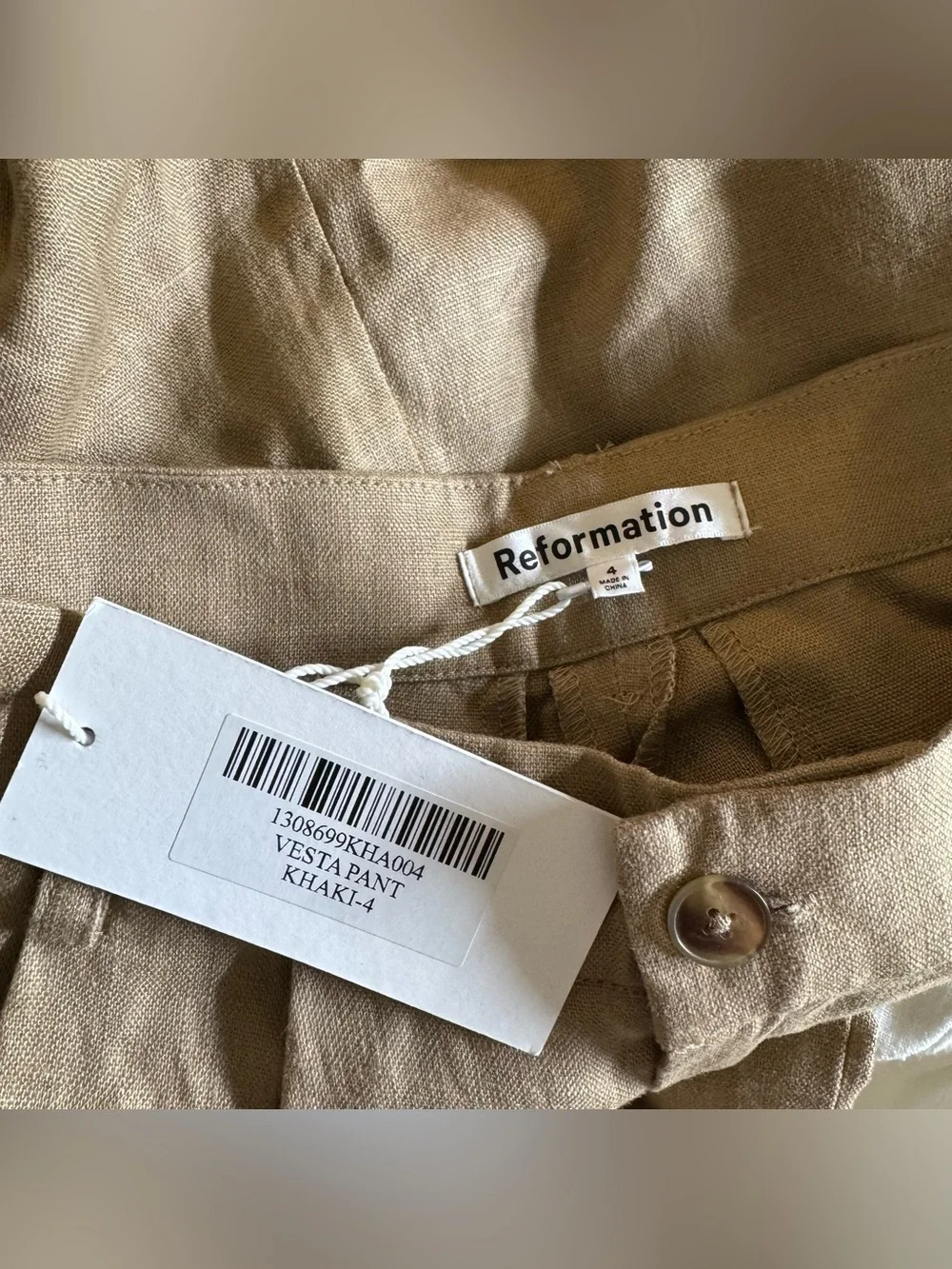 NWT Reformation Vesta Linen Straight-Leg Pants Khaki Brown 4
